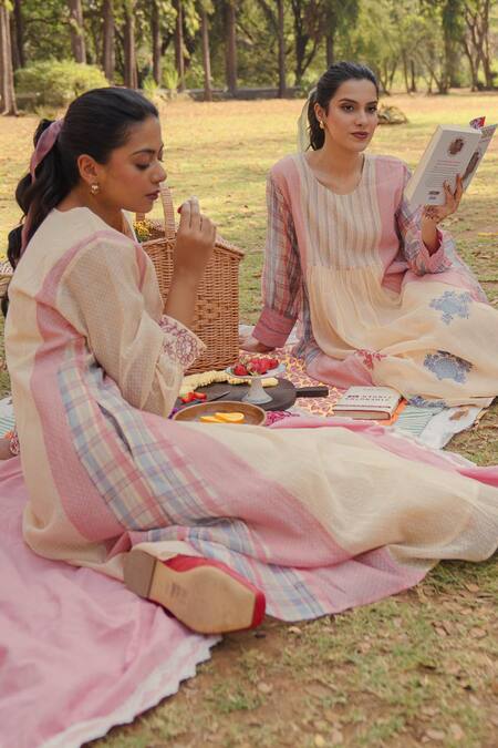 Buy_Pants And Pajamas_Beige Chanderi Embroidery Round Neck Printed Kurta Set _Online_at_Aza_Fashions