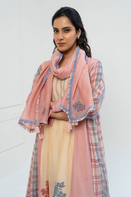 Buy_Pants And Pajamas_Beige Chanderi Embroidery Round Neck Printed Kurta Set 