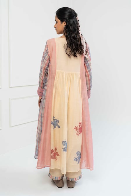 Shop Pants And Pajamas Beige Chanderi, Cotton, Silk Embroidery Round Neck Printed Kurta Set at Aza Fashions Shop_Pants And Pajamas_Beige Chanderi, Cotton, Silk Embroidery Round Neck Printed Kurta Set _at_Aza_Fashions