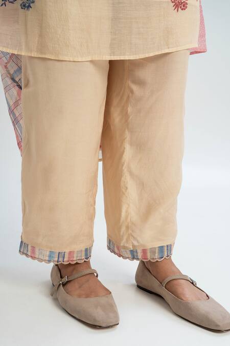 Pants And Pajamas Beige Chanderi, Cotton, Silk Embroidery Round Neck Printed Kurta Set Online at Aza Fashions Pants And Pajamas_Beige Chanderi, Cotton, Silk Embroidery Round Neck Printed Kurta Set _Online_at_Aza_Fashions