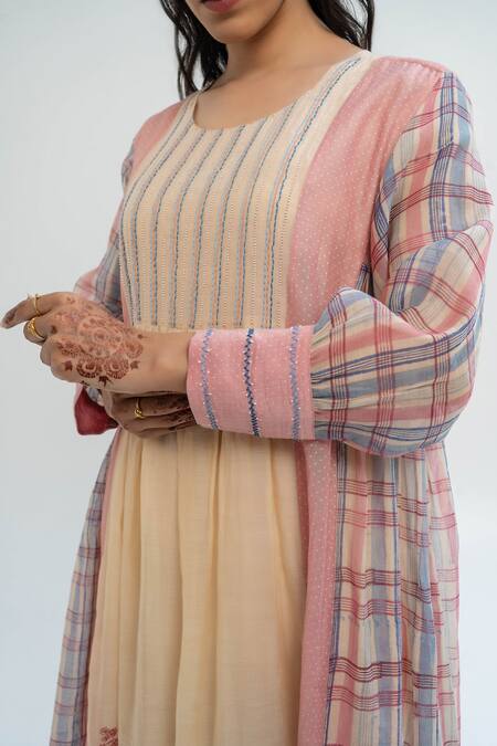 Pants And Pajamas Beige Chanderi Embroidery Round Neck Long Kurta With Dupatta Online at Aza Fashions Pants And Pajamas_Beige Chanderi Embroidery Round Neck Long Kurta With Dupatta _Online_at_Aza_Fashions