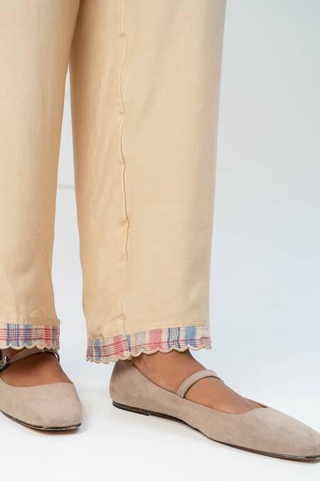 Shop_Pants And Pajamas_Beige Chanderi Embroidery Split V-neck Kurta Set With Stole _Online_at_Aza_Fashions