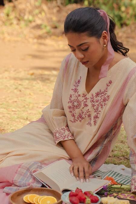 Buy Pants And Pajamas Beige Chanderi, Cotton, Silk Embroidery V-neck Printed Kurta Set Online at Aza Fashions Buy_Pants And Pajamas_Beige Chanderi, Cotton, Silk Embroidery V-neck Printed Kurta Set _Online_at_Aza_Fashions
