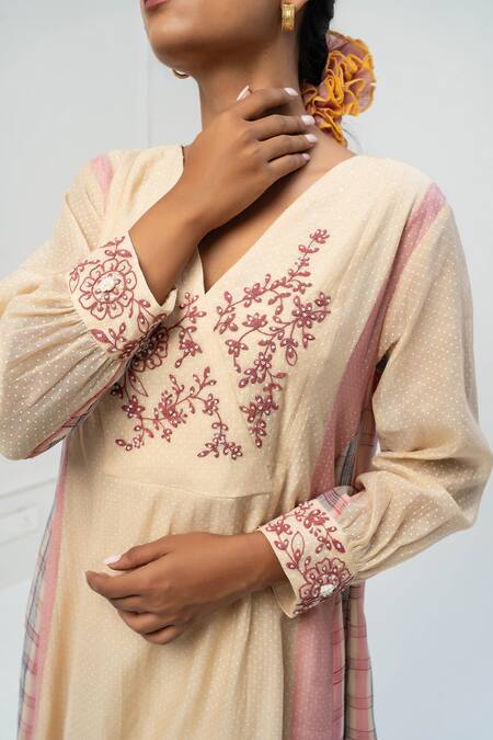 Shop Pants And Pajamas Beige Chanderi, Cotton, Silk Embroidery V-neck Printed Kurta Set Online at Aza Fashions Shop_Pants And Pajamas_Beige Chanderi, Cotton, Silk Embroidery V-neck Printed Kurta Set _Online_at_Aza_Fashions