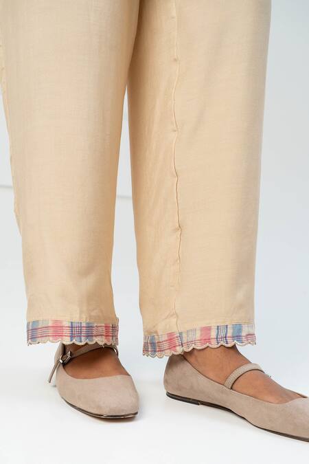 Pants And Pajamas Beige Chanderi, Cotton, Silk Embroidery V-neck Printed Kurta Set at Aza Fashions Pants And Pajamas_Beige Chanderi, Cotton, Silk Embroidery V-neck Printed Kurta Set _at_Aza_Fashions