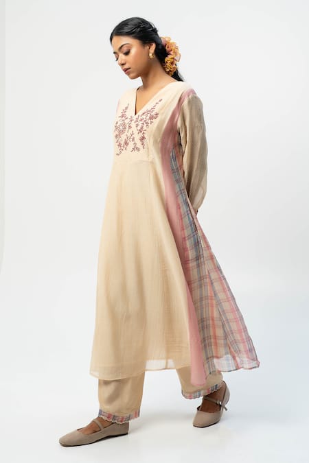 Shop Pants And Pajamas Beige Chanderi, Cotton, Silk Embroidery V-neck Printed Kurta Set at Aza Fashions Shop_Pants And Pajamas_Beige Chanderi, Cotton, Silk Embroidery V-neck Printed Kurta Set _at_Aza_Fashions
