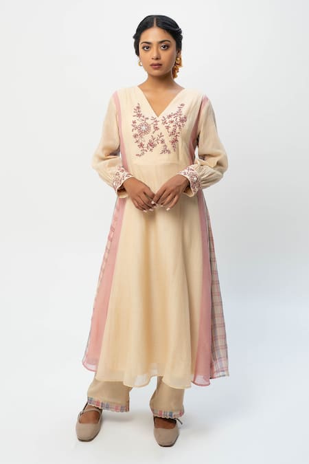 Shop Pants And Pajamas Beige Chanderi Embroidery V-neck Kurta at Aza Fashions Shop_Pants And Pajamas_Beige Chanderi Embroidery V-neck Kurta _at_Aza_Fashions