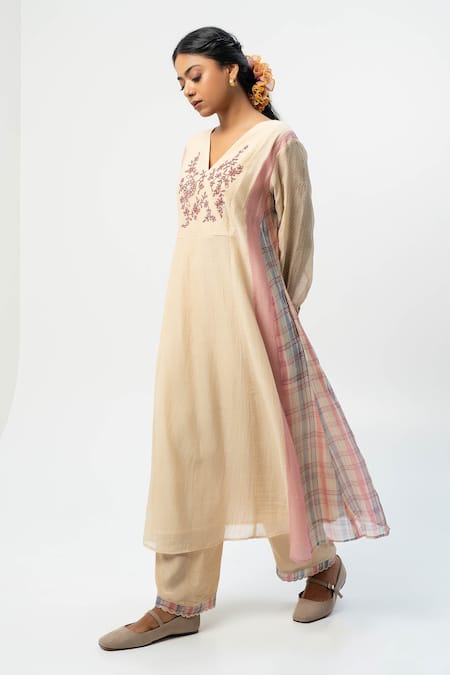 Pants and Pajamas Beige Chanderi Embroidered Kurta 