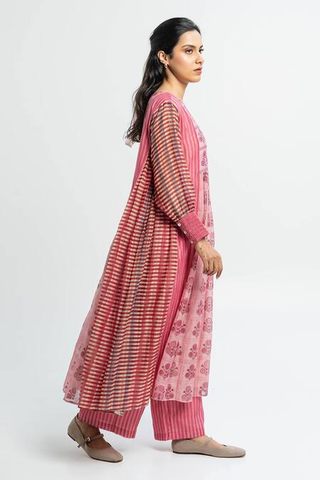 Pants And Pajamas Pink Chanderi Embroidery Round Neck Printed Kurta Set Online at Aza Fashions Pants And Pajamas_Pink Chanderi Embroidery Round Neck Printed Kurta Set _Online_at_Aza_Fashions