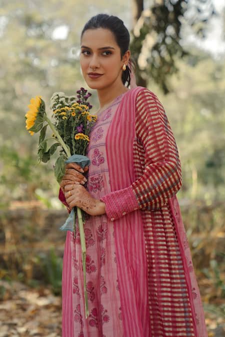 Shop Pants And Pajamas Pink Chanderi Embroidery Round Neck Long Kurta at Aza Fashions Shop_Pants And Pajamas_Pink Chanderi Embroidery Round Neck Long Kurta _at_Aza_Fashions