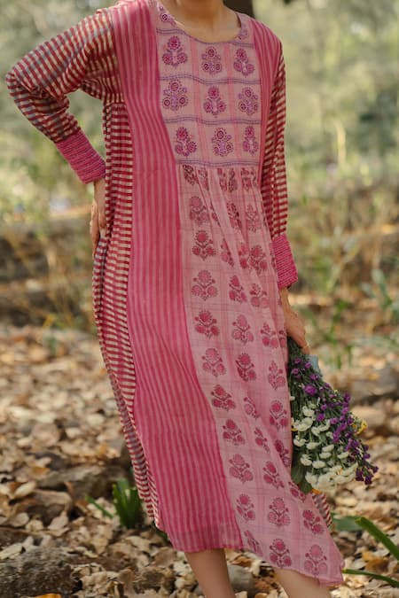 Pants And Pajamas Pink Chanderi Embroidery Round Neck Long Kurta Online at Aza Fashions Pants And Pajamas_Pink Chanderi Embroidery Round Neck Long Kurta _Online_at_Aza_Fashions