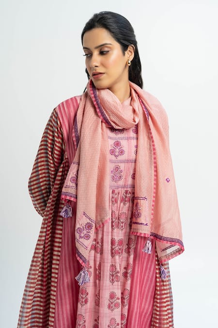 Pants and Pajamas Pink Chanderi Embroidered Stole 