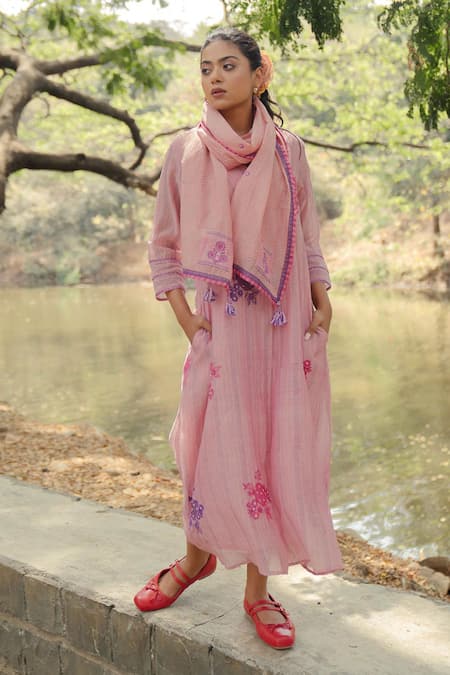 Pants and Pajamas Pink Chanderi Printed Kurta Set 