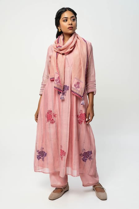 Shop Pants And Pajamas Pink Chanderi Embroidery Round Neck Printed Kurta Set at Aza Fashions Shop_Pants And Pajamas_Pink Chanderi Embroidery Round Neck Printed Kurta Set _at_Aza_Fashions