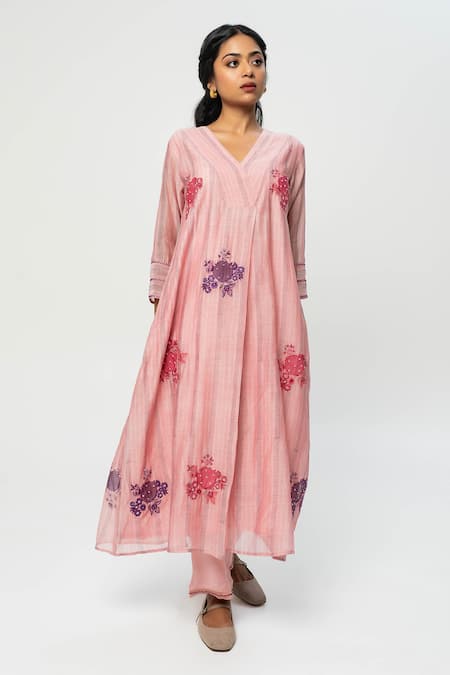 Pants and Pajamas Pink Chanderi Embroidered Kurta Set 