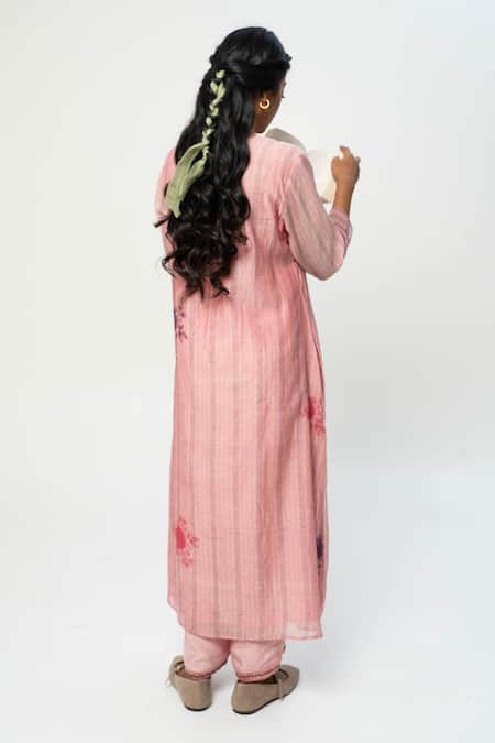 Pants And Pajamas Pink Chanderi Embroidered Kurta Set 