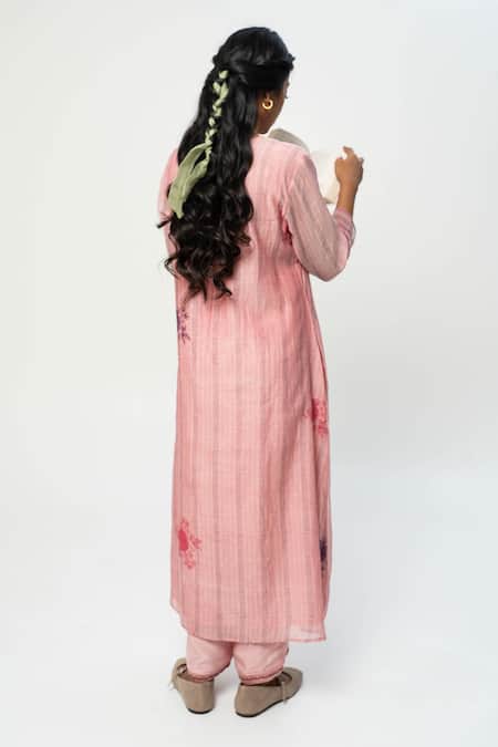 Shop Pants And Pajamas Pink Chanderi Embroidery V-neck Long Kurta at Aza Fashions Shop_Pants And Pajamas_Pink Chanderi Embroidery V-neck Long Kurta _at_Aza_Fashions
