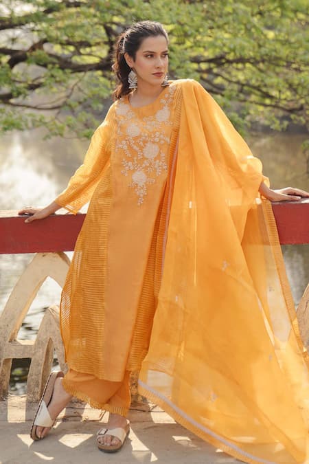 Shop Pants And Pajamas Orange Chanderi, Organza Embroidery Round Neck Kurta Set at Aza Fashions Shop_Pants And Pajamas_Orange Chanderi, Organza Embroidery Round Neck Kurta Set _at_Aza_Fashions
