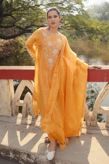Pants and Pajamas Orange Chanderi Embroidered Kurta Set 