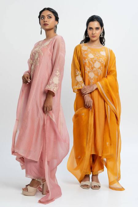 Pants And Pajamas Orange Chanderi, Organza Embroidery Round Neck Kurta Set Online at Aza Fashions Pants And Pajamas_Orange Chanderi, Organza Embroidery Round Neck Kurta Set _Online_at_Aza_Fashions