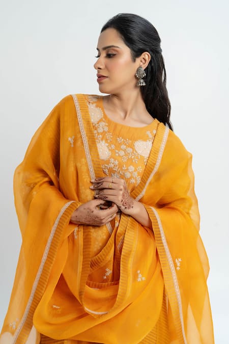 Shop Pants And Pajamas Orange Chanderi, Organza Embroidery Round Neck Kurta Set Online at Aza Fashions Shop_Pants And Pajamas_Orange Chanderi, Organza Embroidery Round Neck Kurta Set _Online_at_Aza_Fashions