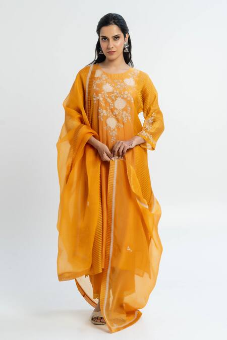 Pants And Pajamas Orange Chanderi, Organza Embroidery Round Neck Kurta Set at Aza Fashions Pants And Pajamas_Orange Chanderi, Organza Embroidery Round Neck Kurta Set _at_Aza_Fashions