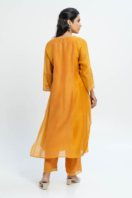 Shop Pants And Pajamas Orange Chanderi Embroidery Round Neck Kurta Set at Aza Fashions Shop_Pants And Pajamas_Orange Chanderi Embroidery Round Neck Kurta Set _at_Aza_Fashions