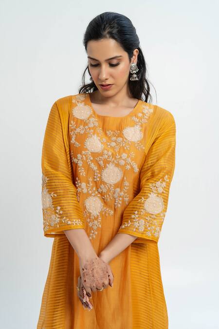 Pants And Pajamas Orange Chanderi Embroidery Round Neck Kurta Set Online at Aza Fashions Pants And Pajamas_Orange Chanderi Embroidery Round Neck Kurta Set _Online_at_Aza_Fashions