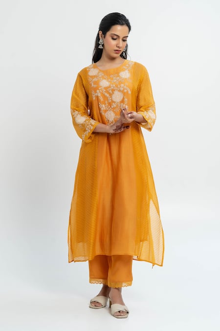Pants and Pajamas Embroidered Chanderi Kurta Set 