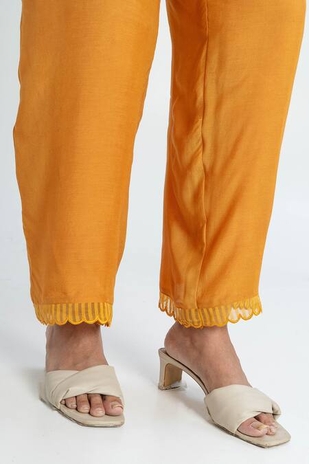 Pants And Pajamas Orange Chanderi Embroidery Round Neck Kurta Set at Aza Fashions Pants And Pajamas_Orange Chanderi Embroidery Round Neck Kurta Set _at_Aza_Fashions