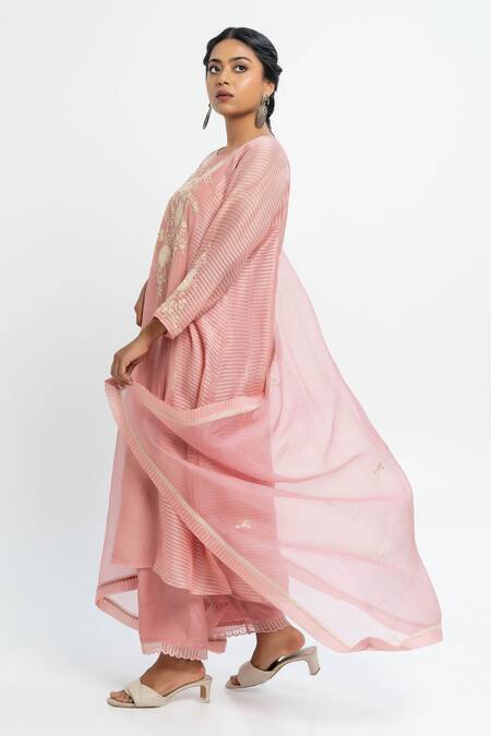 Pants And Pajamas Pink Chanderi, Cotton, Organza Embroidery Round Neck Kurta Set Online at Aza Fashions Pants And Pajamas_Pink Chanderi, Cotton, Organza Embroidery Round Neck Kurta Set _Online_at_Aza_Fashions
