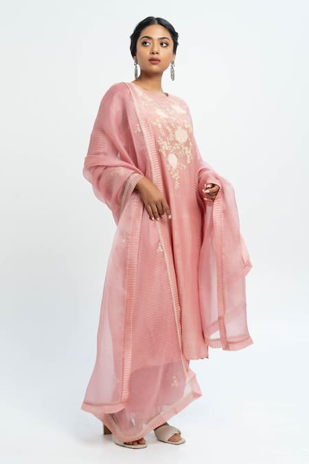 Shop Pants And Pajamas Pink Chanderi, Cotton, Organza Embroidery Round Neck Kurta Set at Aza Fashions Shop_Pants And Pajamas_Pink Chanderi, Cotton, Organza Embroidery Round Neck Kurta Set _at_Aza_Fashions