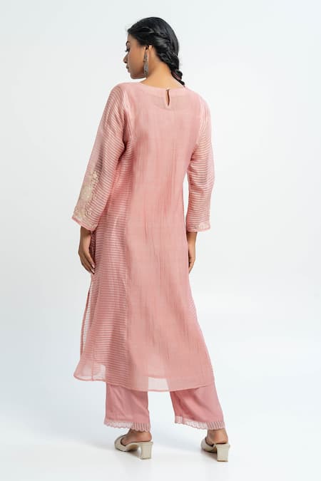 Pants And Pajamas Chanderi Embroidered Pink Kurta Set 