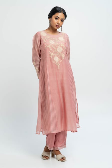 Pants And Pajamas Pink Chanderi Embroidery Round Neck Kurta Set Online at Aza Fashions Pants And Pajamas_Pink Chanderi Embroidery Round Neck Kurta Set _Online_at_Aza_Fashions