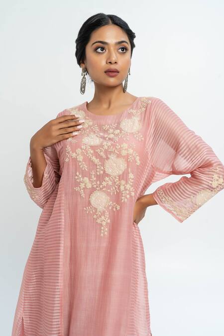 Buy Pants And Pajamas Pink Chanderi Embroidery Round Neck Kurta Set Online at Aza Fashions Buy_Pants And Pajamas_Pink Chanderi Embroidery Round Neck Kurta Set _Online_at_Aza_Fashions