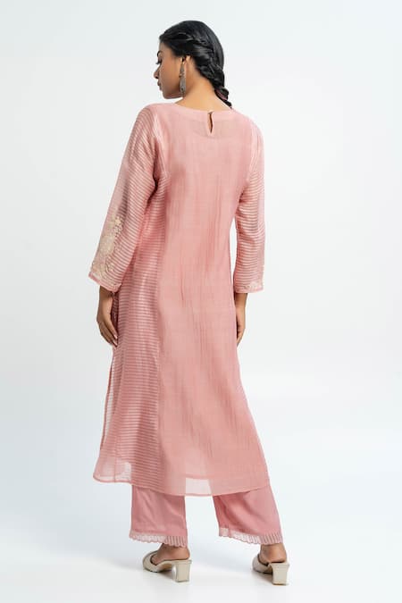 Pants And Pajamas Chanderi Embroidered Pink Kurta 