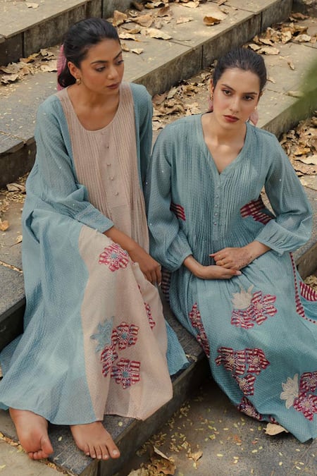 Pants And Pajamas Blue Chanderi Embroidery Printed Kurta Set Online at Aza Fashions Pants And Pajamas_Blue Chanderi Embroidery Printed Kurta Set _Online_at_Aza_Fashions