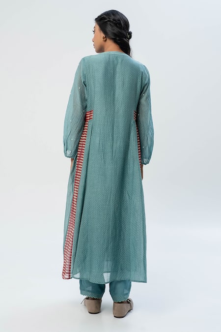Shop Pants And Pajamas Blue Chanderi Embroidery V-neck Printed Kurta Set at Aza Fashions Shop_Pants And Pajamas_Blue Chanderi Embroidery V-neck Printed Kurta Set _at_Aza_Fashions