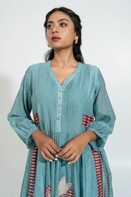Buy Pants And Pajamas Blue Chanderi Embroidery V-neck Printed Kurta Set Online at Aza Fashions Buy_Pants And Pajamas_Blue Chanderi Embroidery V-neck Printed Kurta Set _Online_at_Aza_Fashions