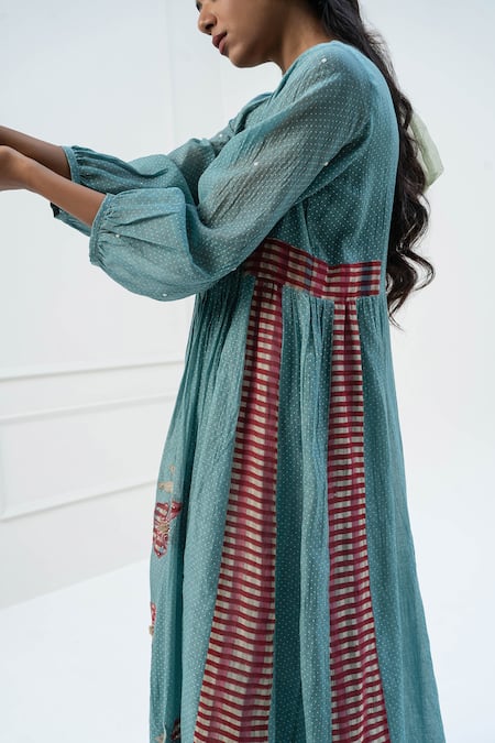 Pants And Pajamas Blue Chanderi Embroidery V-neck Printed Kurta Set at Aza Fashions Pants And Pajamas_Blue Chanderi Embroidery V-neck Printed Kurta Set _at_Aza_Fashions