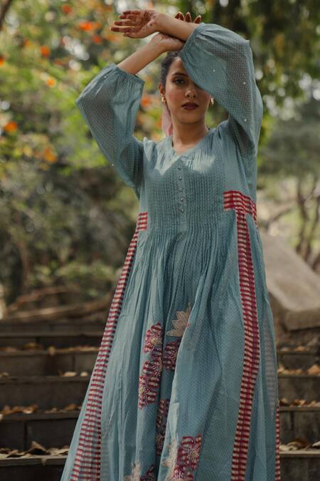 Pants And Pajamas Blue Chanderi Embroidery V-neck Long Kurta Online at Aza Fashions Pants And Pajamas_Blue Chanderi Embroidery V-neck Long Kurta _Online_at_Aza_Fashions