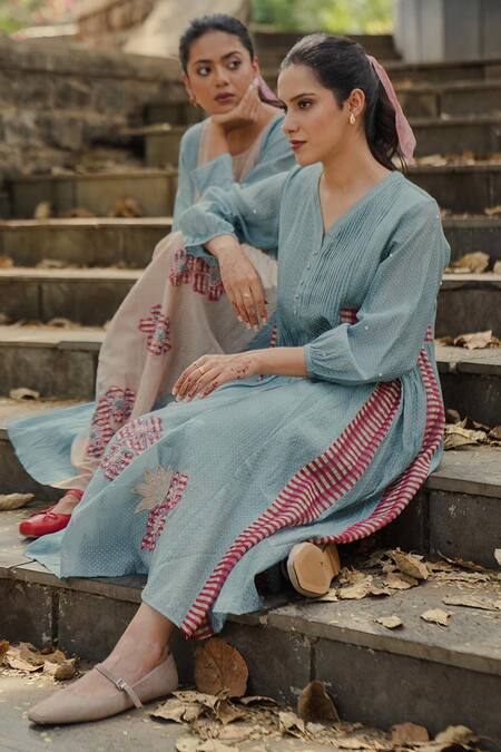 Shop Pants And Pajamas Blue Chanderi Embroidery V-neck Long Kurta Online at Aza Fashions Shop_Pants And Pajamas_Blue Chanderi Embroidery V-neck Long Kurta _Online_at_Aza_Fashions