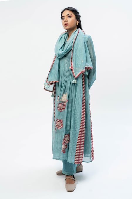 Shop Pants And Pajamas Blue Chanderi Embroidered Stole at Aza Fashions Shop_Pants And Pajamas_Blue Chanderi Embroidered Stole _at_Aza_Fashions