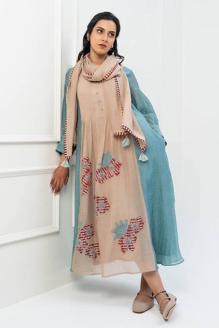 Pants and Pajamas Beige & Blue Chanderi Kurta Set 