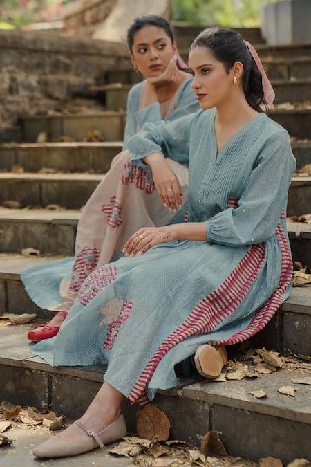 Pants And Pajamas Blue Chanderi Embroidery Round Neck Beige And Kurta Set Online at Aza Fashions Pants And Pajamas_Blue Chanderi Embroidery Round Neck Beige And Kurta Set _Online_at_Aza_Fashions