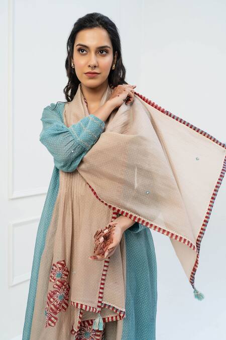 Shop Pants And Pajamas Blue Chanderi Embroidery Round Neck Beige And Kurta Set Online at Aza Fashions Shop_Pants And Pajamas_Blue Chanderi Embroidery Round Neck Beige And Kurta Set _Online_at_Aza_Fashions