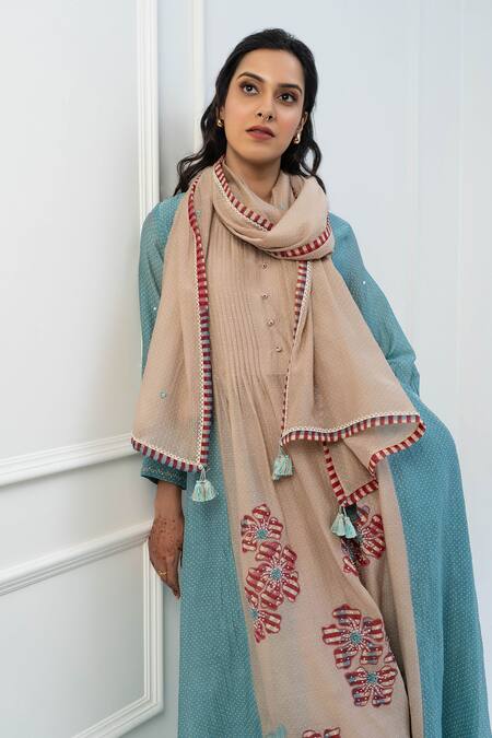 Pants And Pajamas Blue Chanderi Embroidery Round Neck Beige And Kurta Set at Aza Fashions Pants And Pajamas_Blue Chanderi Embroidery Round Neck Beige And Kurta Set _at_Aza_Fashions