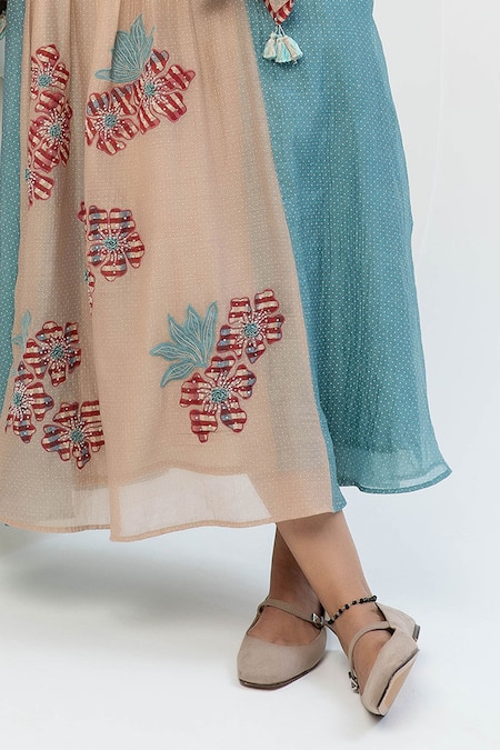 Buy Pants And Pajamas Blue Chanderi Embroidery Round Neck Beige And Kurta Set Buy_Pants And Pajamas_Blue Chanderi Embroidery Round Neck Beige And Kurta Set
