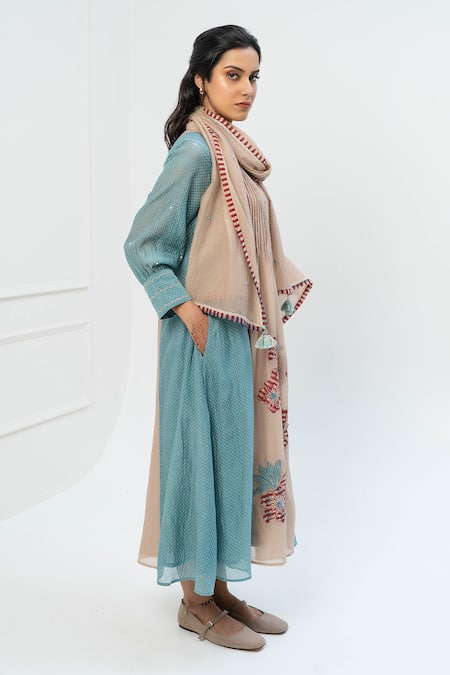 Pants And Pajamas Beige & Blue Chanderi Kurta Set 