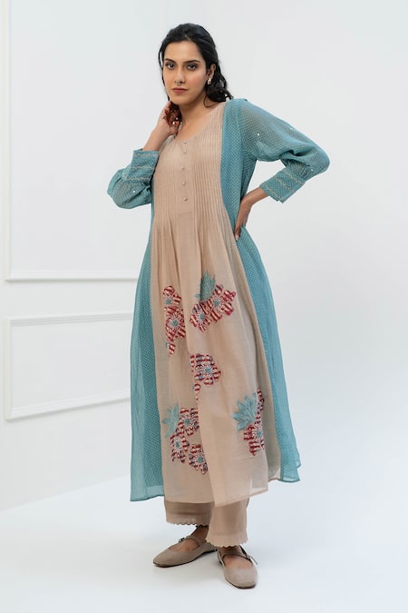 Pants And Pajamas Beige Chanderi Embroidery Round Neck Printed Kurta Set Online at Aza Fashions Pants And Pajamas_Beige Chanderi Embroidery Round Neck Printed Kurta Set _Online_at_Aza_Fashions